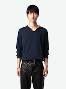 Monastir Henley T-shirt - Long-sleeved navy blue organic cotton Henley T-shirt with "I Want To Hold You Like A Rare Planet" printed on the back.