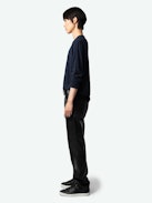Monastir Henley T-shirt - Long-sleeved navy blue organic cotton Henley T-shirt with "I Want To Hold You Like A Rare Planet" printed on the back.