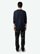 Monastir Henley T-shirt - Long-sleeved navy blue organic cotton Henley T-shirt with "I Want To Hold You Like A Rare Planet" printed on the back.