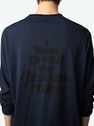 Monastir Henley T-shirt - Long-sleeved navy blue organic cotton Henley T-shirt with "I Want To Hold You Like A Rare Planet" printed on the back.