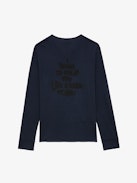 Monastir Henley T-shirt - Long-sleeved navy blue organic cotton Henley T-shirt with "I Want To Hold You Like A Rare Planet" printed on the back.