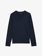 Monastir Henley T-shirt - Long-sleeved navy blue organic cotton Henley T-shirt with "I Want To Hold You Like A Rare Planet" printed on the back.