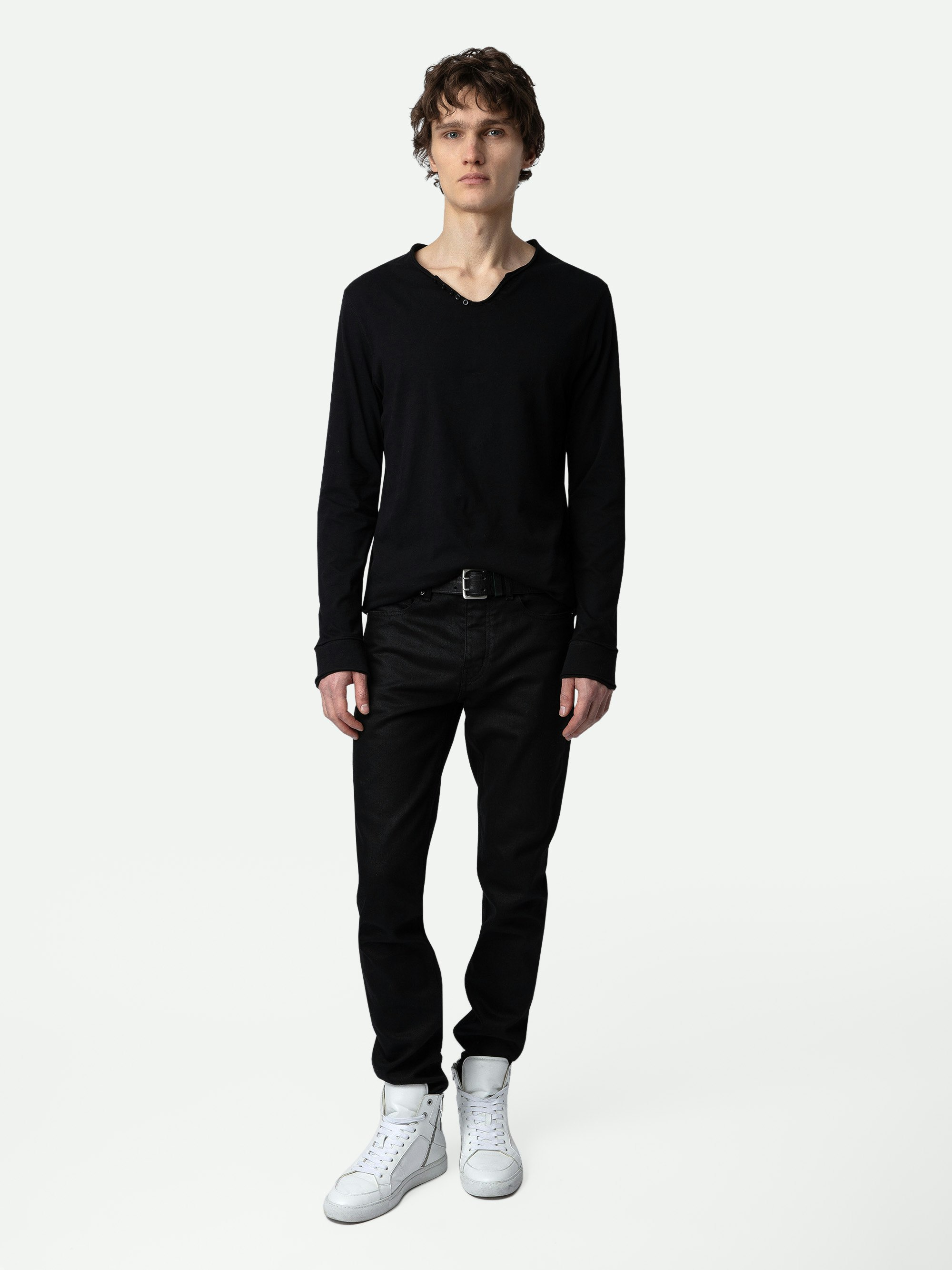 Henley T-shirt Monastir - Black cotton henley T-shirt.