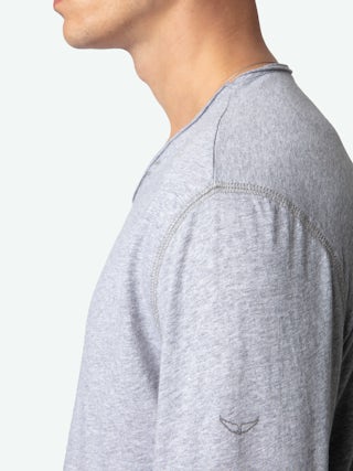 Monastir Henley T-shirt - Grey marl long-sleeve henley t-shirt in organic cotton.