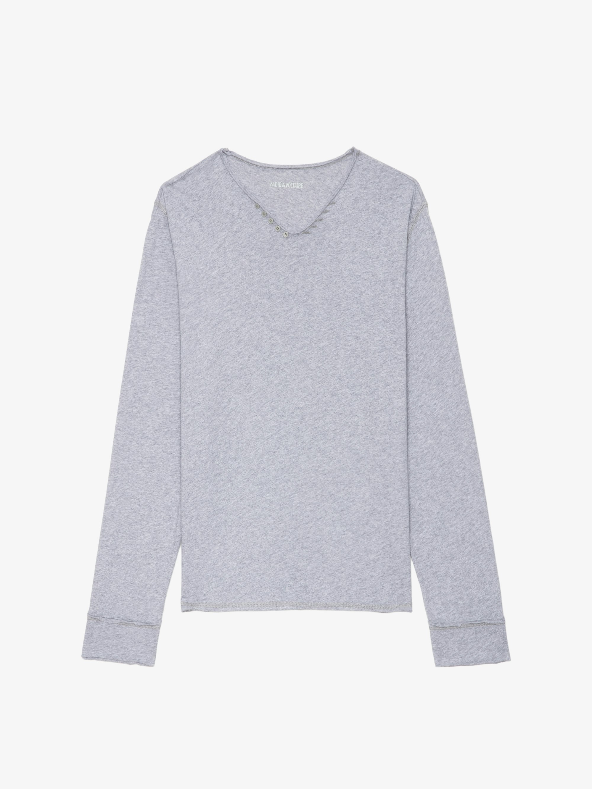 Monastir Henley T-shirt - Grey marl long-sleeve henley t-shirt in organic cotton.