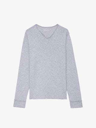 Monastir Henley T-shirt - Grey marl long-sleeve henley t-shirt in organic cotton.