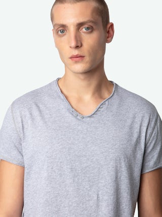 Henley T-shirt Monastir - henley t-shirt in grey marl organic cotton with short sleeves.