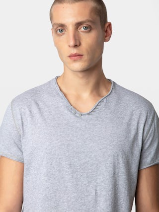 Henley T-shirt Monastir - henley t-shirt in grey marl organic cotton with short sleeves.
