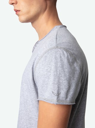Henley T-shirt Monastir - henley t-shirt in grey marl organic cotton with short sleeves.