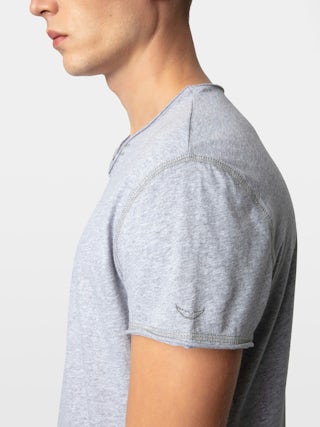 Henley T-shirt Monastir - henley t-shirt in grey marl organic cotton with short sleeves.