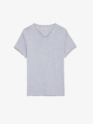 Henley T-shirt Monastir - henley t-shirt in grey marl organic cotton with short sleeves.