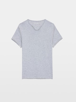 Henley T-shirt Monastir - henley t-shirt in grey marl organic cotton with short sleeves.