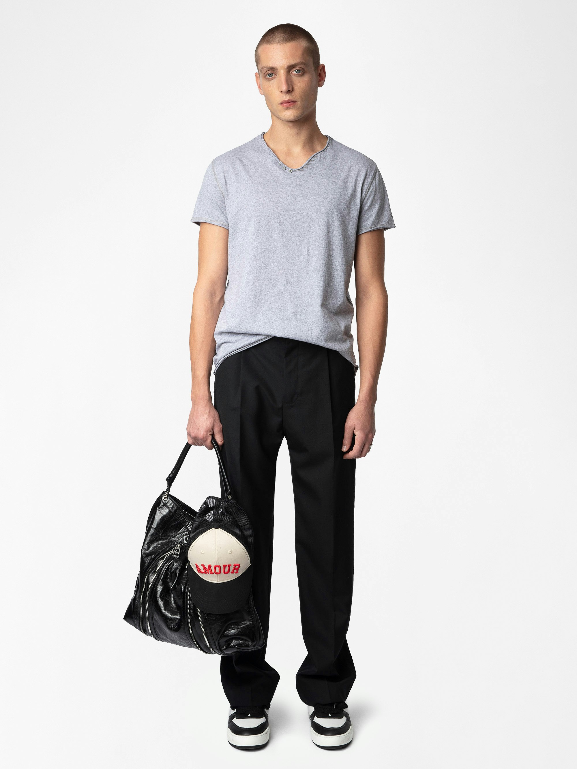 Henley T-shirt Monastir - henley t-shirt in grey marl organic cotton with short sleeves.