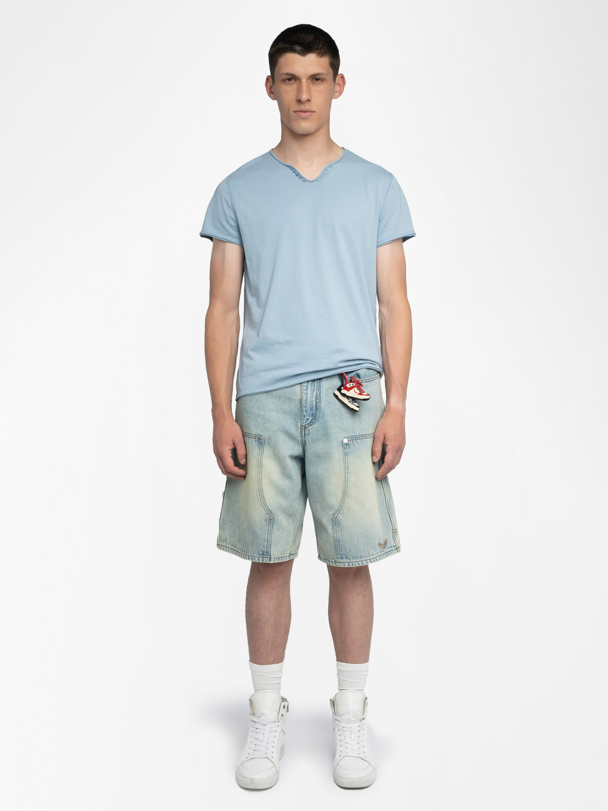 Henley T-shirt Monastir - Short-sleeved henley t-shirt top with print on the back.