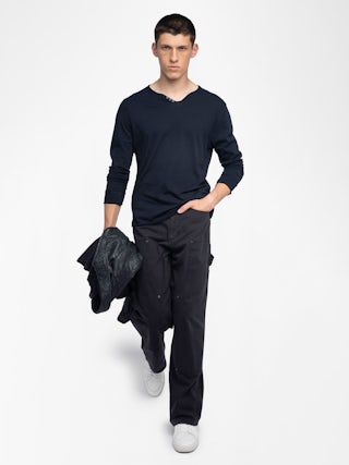 Henley T-shirt Monastir - Long-sleeved Henley T-shirt with print on the back.