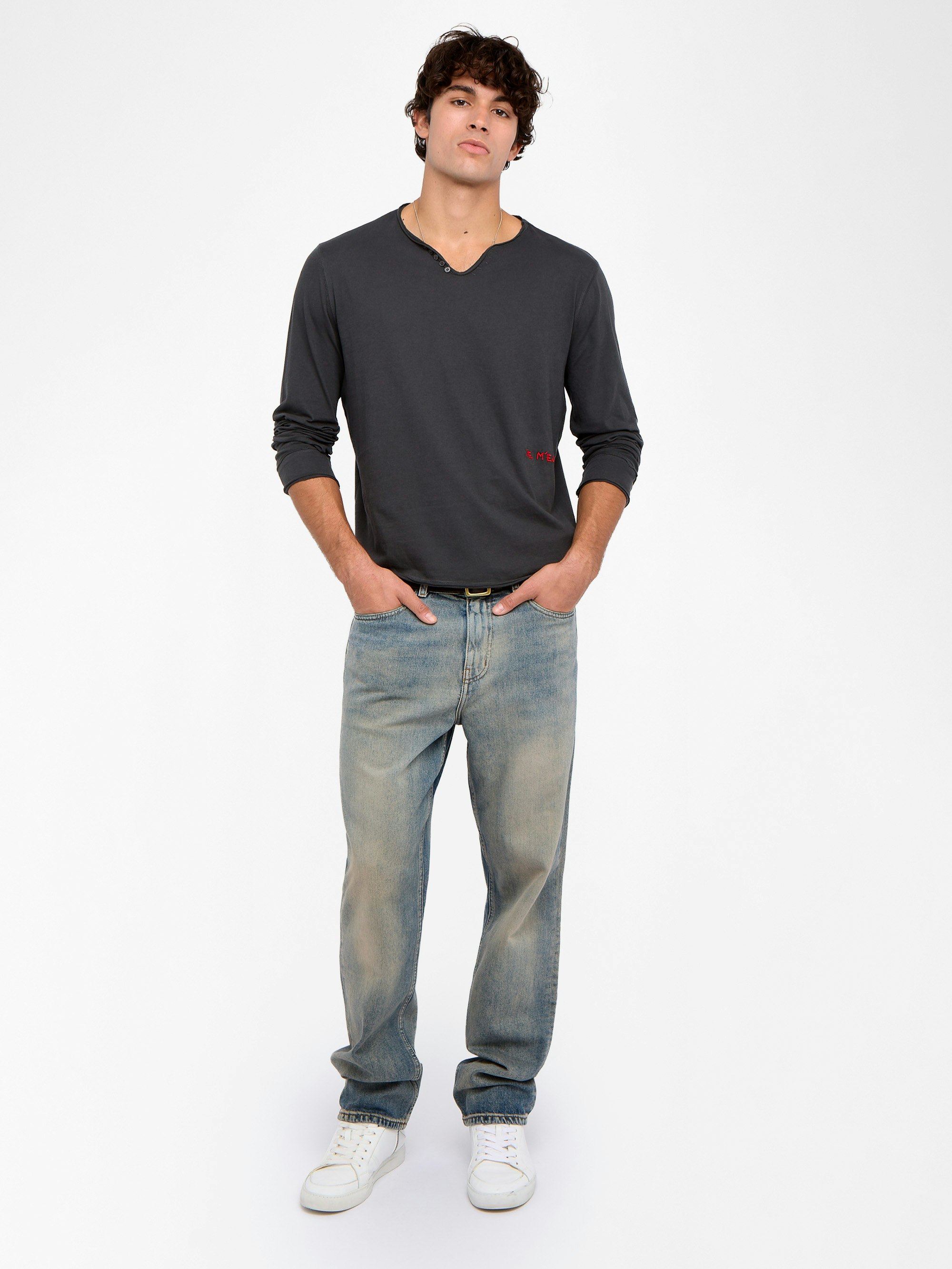 Monsatir Henley T-shirt - Long-sleeve Henley shirt with embroidery on the front.