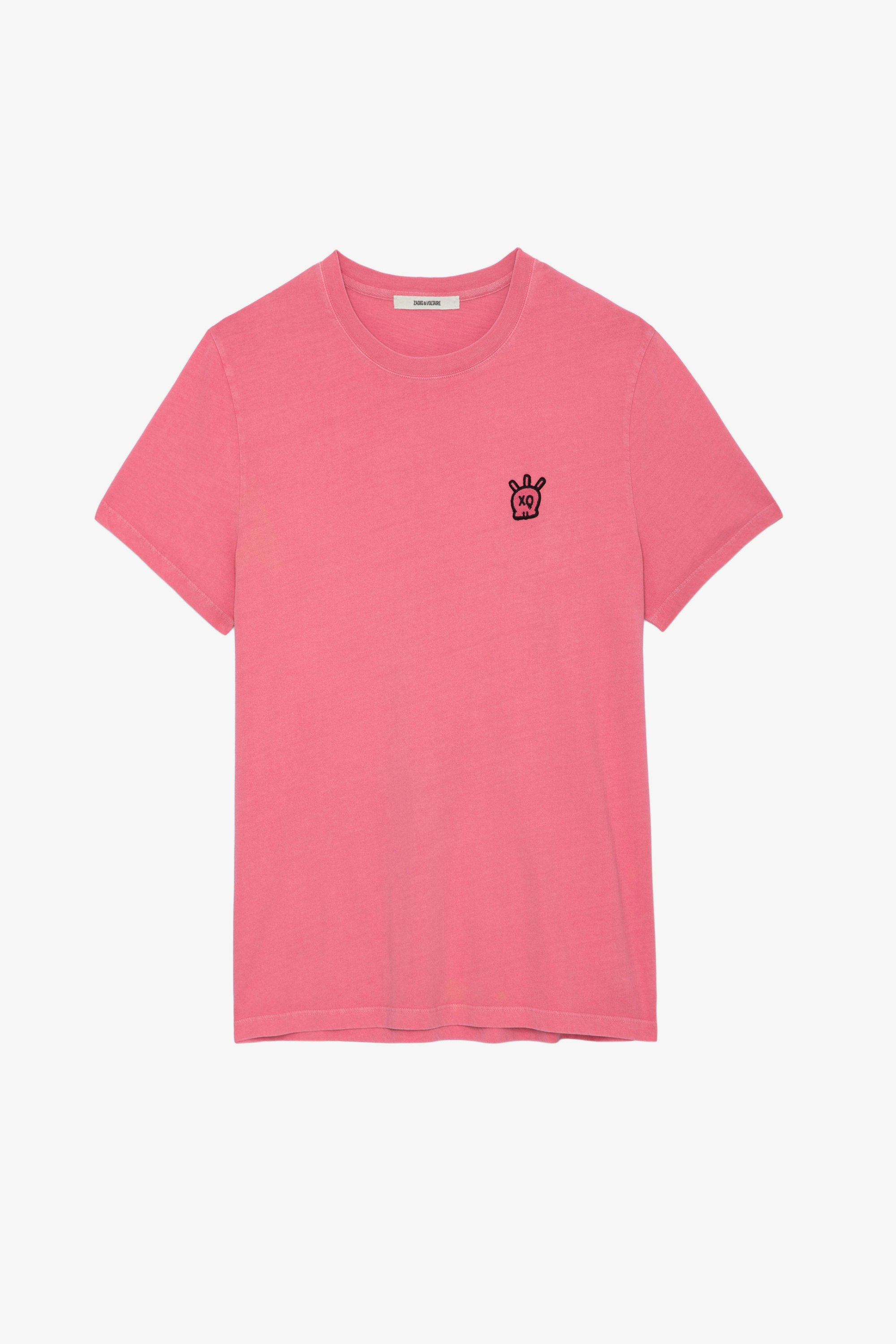 Camiseta Tommy Skull XO - Camiseta rosa de algodón de manga corta con cuello redondo y parche Skull XO.