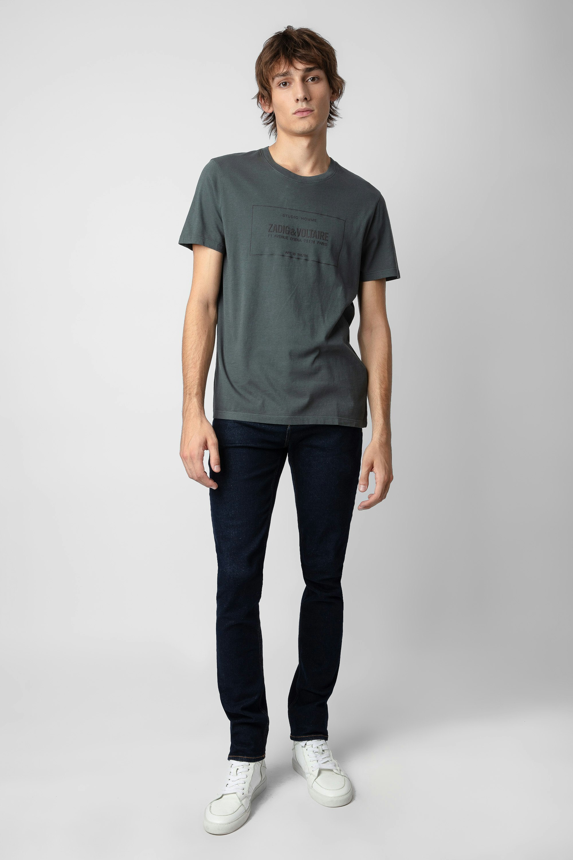 Ted T-Shirt - Men’s verdigris cotton T-shirt with studio insignia.