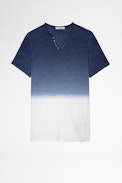 T-shirt Monastir Lino - T-shirt in lino blu con collo a serafino uomo