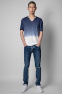 T-shirt Monastir Lino - T-shirt in lino blu con collo a serafino uomo
