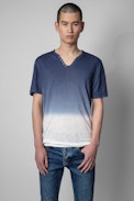 T-shirt Monastir Lino - T-shirt in lino blu con collo a serafino uomo