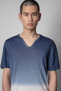T-shirt Monastir Lino - T-shirt in lino blu con collo a serafino uomo