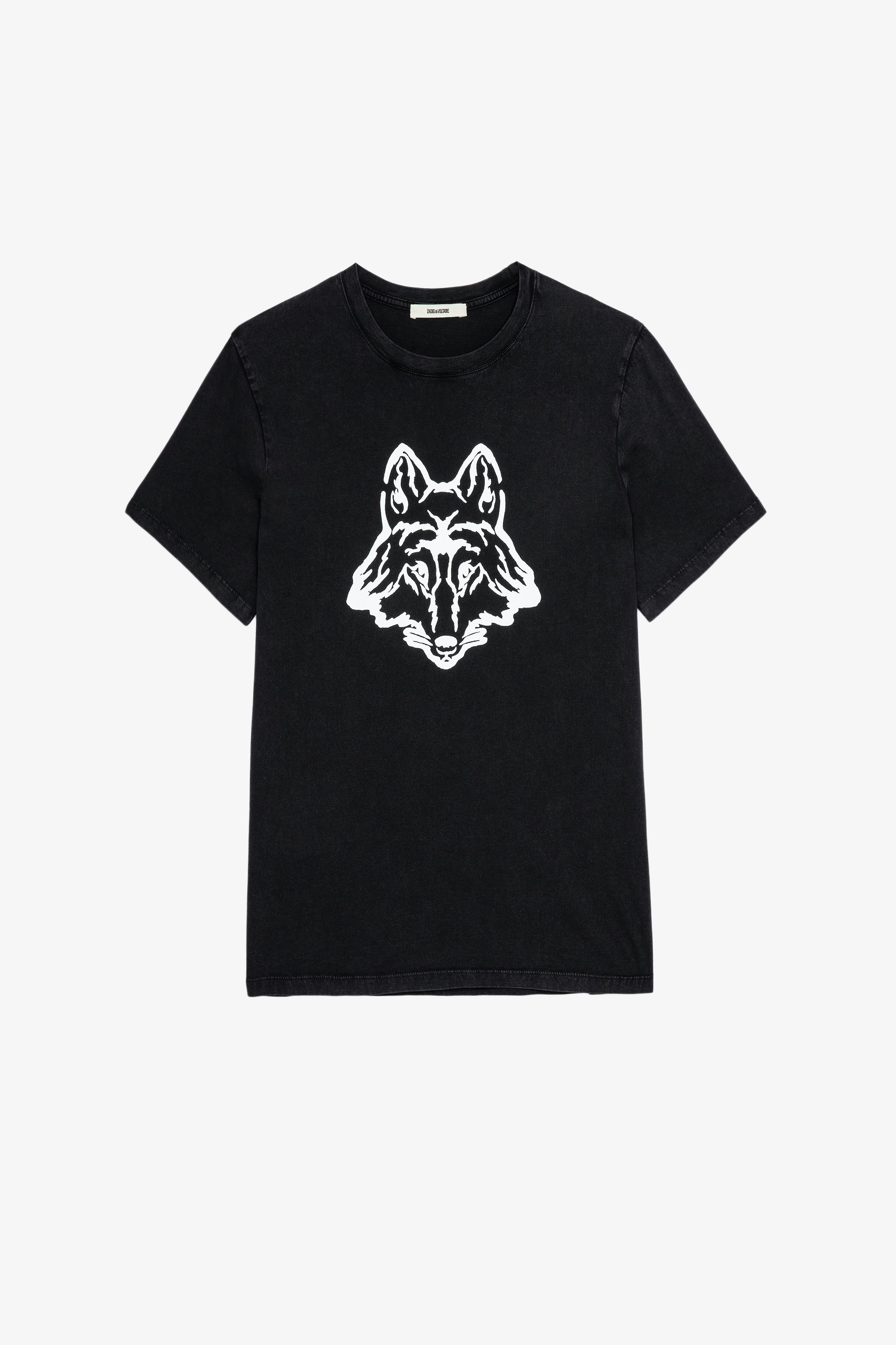 Tommy Ｔシャツ Men's black cotton T-shirt with wolf print