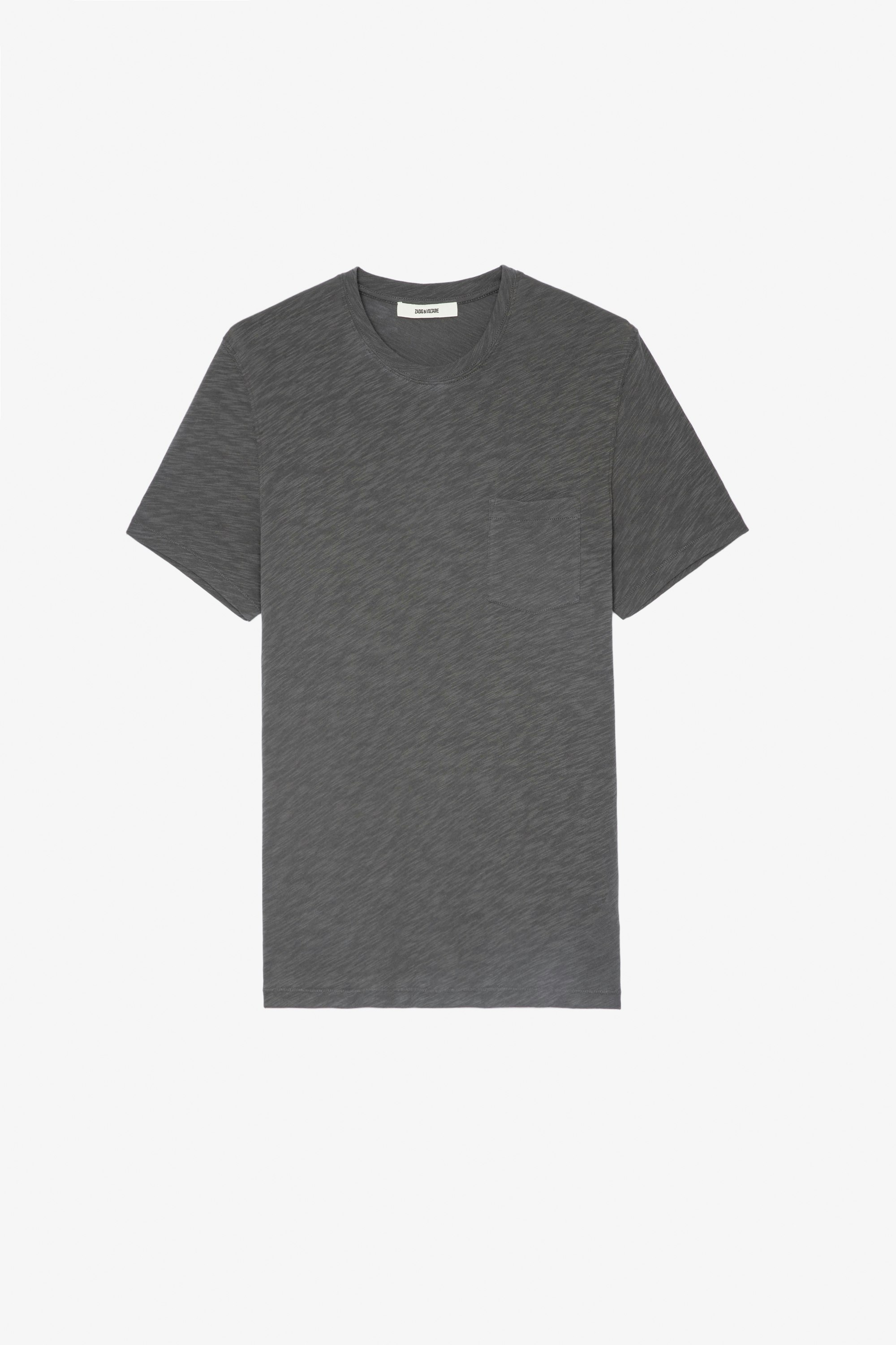 Stockholm Ｔシャツ ラウンドネックと半袖で、背中にスカルのプリントを施したグレーのフレイムコットンTシャツです 