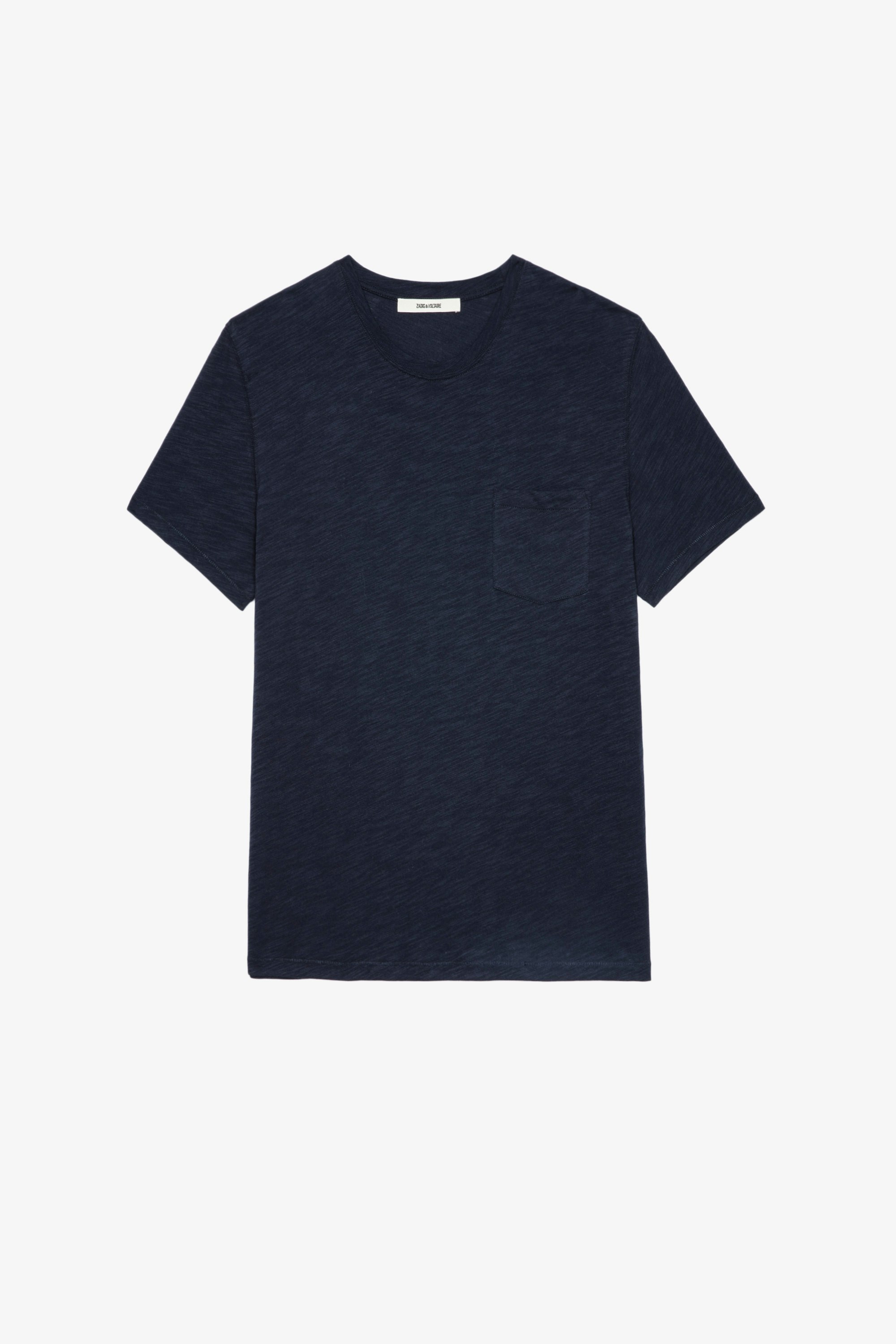 T-Shirt Stockholm Geflammt Herren-T-Shirt aus marineblauer, geflammter Baumwolle mit aufgesetzter Tasche und aufgeflocktem Totenkopf auf dem Rücken