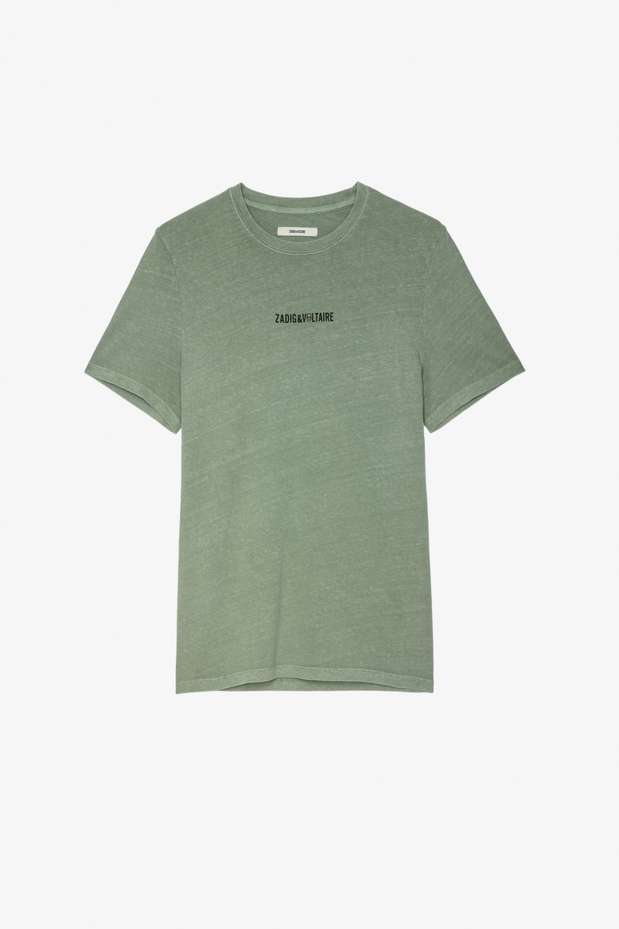 T-Shirt Ted Herren-T-Shirt aus grüner Baumwolle mit ZV-Signatur auf der Vorderseite und „Hédoniste“-Schriftzug auf der Rückseite