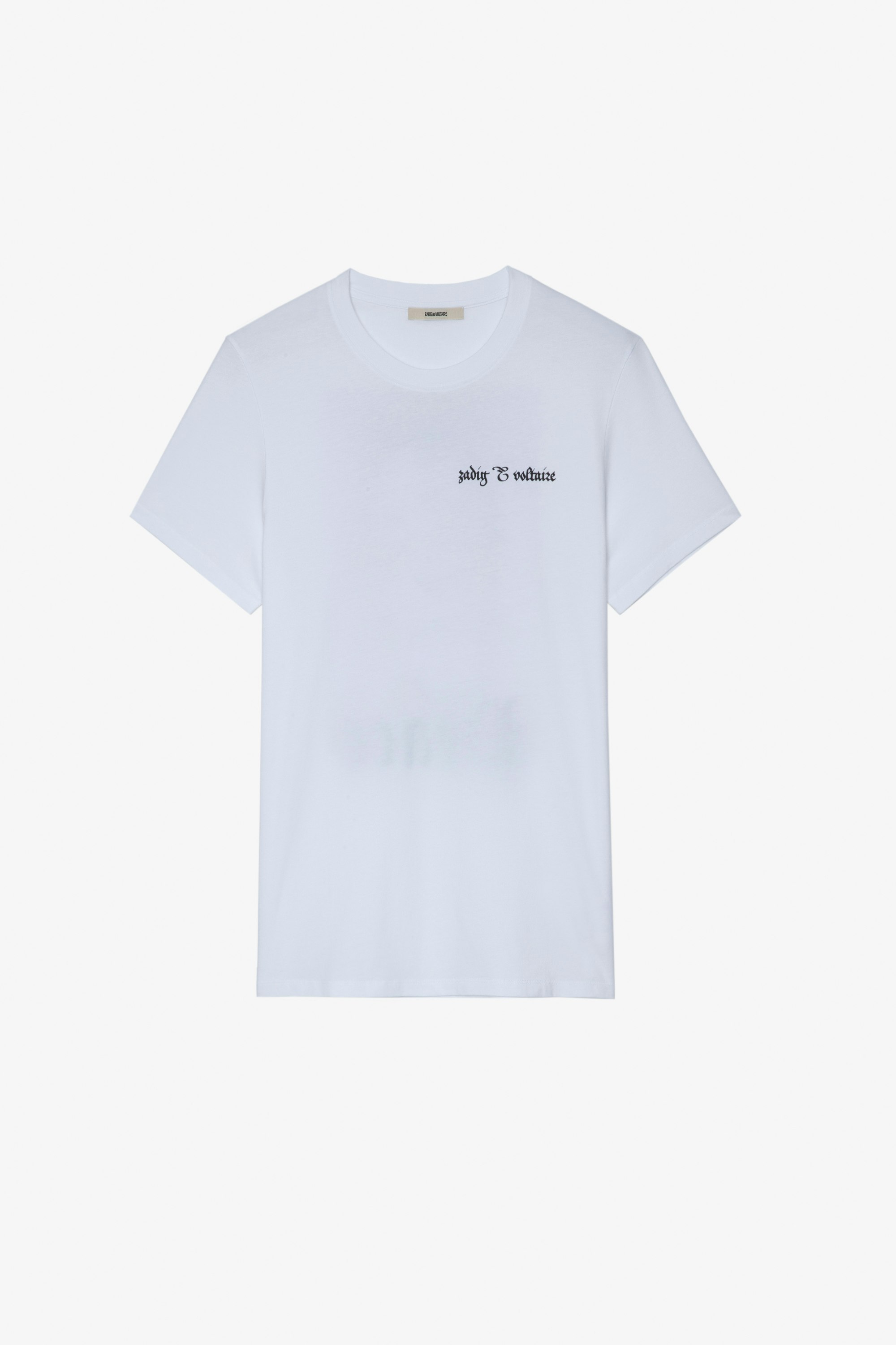T-Shirt Ted Herren-T-Shirt aus weißer Baumwolle mit ZV-Signatur auf der Vorderseite und „Peace“-Löwen-Fotoprint auf der Rückseite