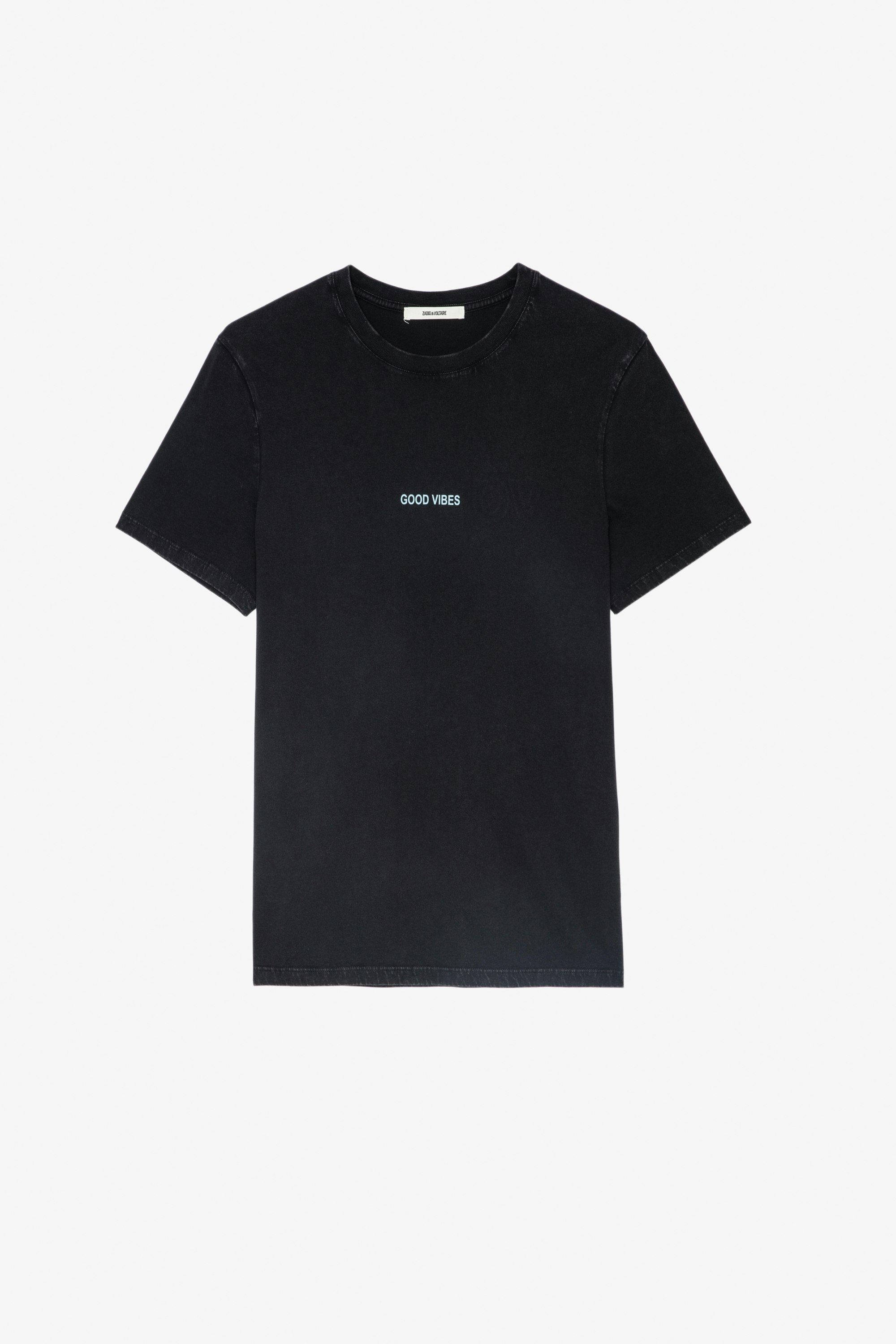 Ted T-Shirt ブラックコットンTシャツ フロントに「Good Vibes」のメッセージ、バックにウィングとHappy Face Zadig