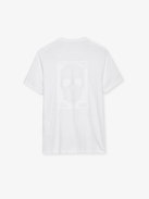 T-Shirt Stockholm - Weißes Herren-T-Shirt aus geflammter Baumwolle mit Brusttasche und rückseitigem Totenkopfmotiv.