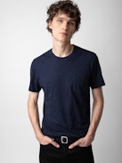 Stockholm T-shirt - Navy blue slub cotton short-sleeved T-shirt with pocket and Skull Block motif on the back.