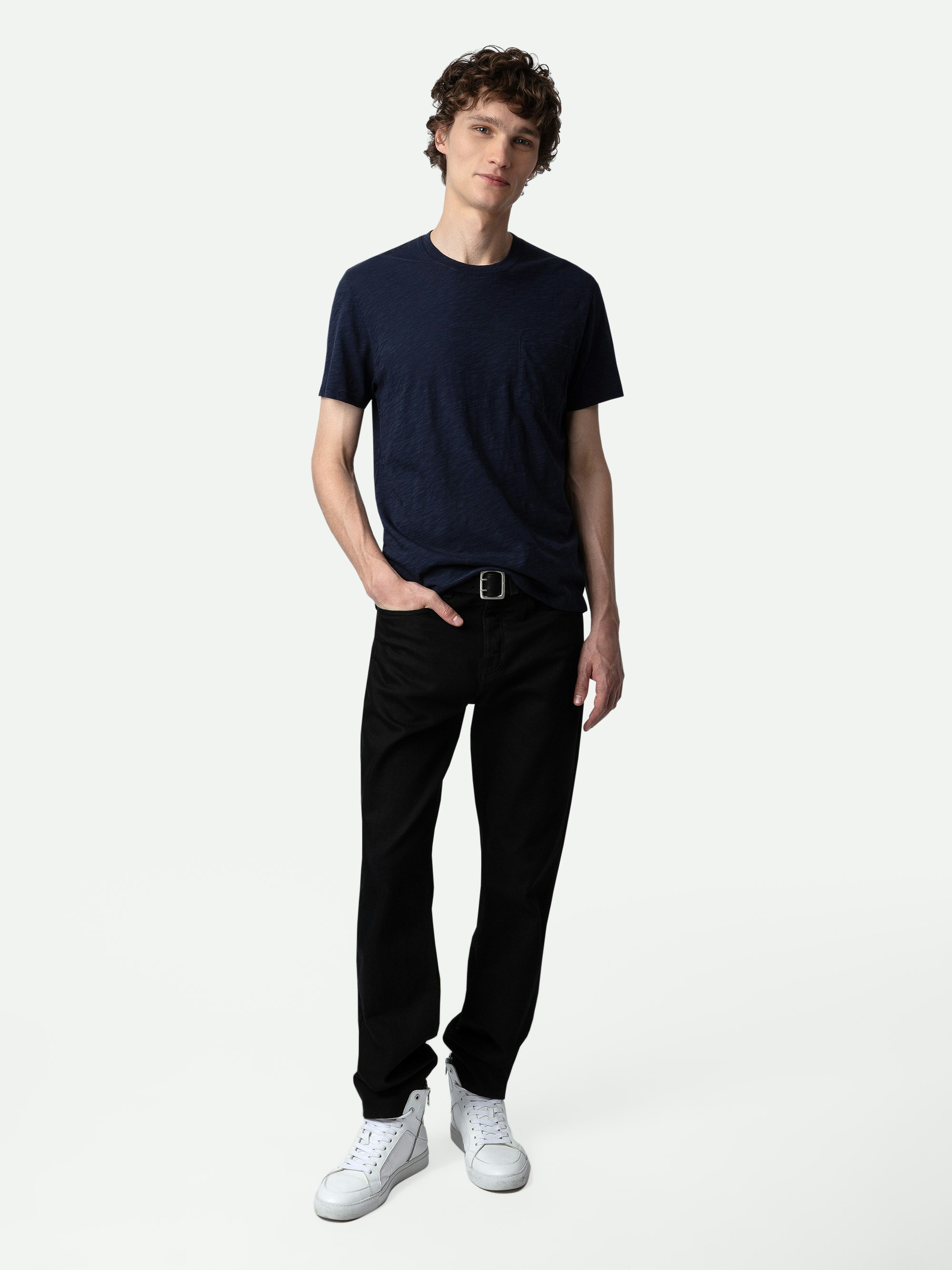 Camiseta Stockholm Flamme - Camiseta azul marino de algodón jaspeado de manga corta, con bolsillo y diseño Skull Block en la espalda.