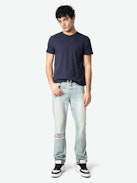 Stockholm T-shirt - Navy blue slub cotton short-sleeved T-shirt with pocket and Skull Block motif on the back.