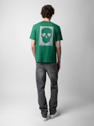 Camiseta Estocolmo - Camiseta verde de algodón jaspeado de manga corta, con bolsillo y diseño Skull Block en la espalda.