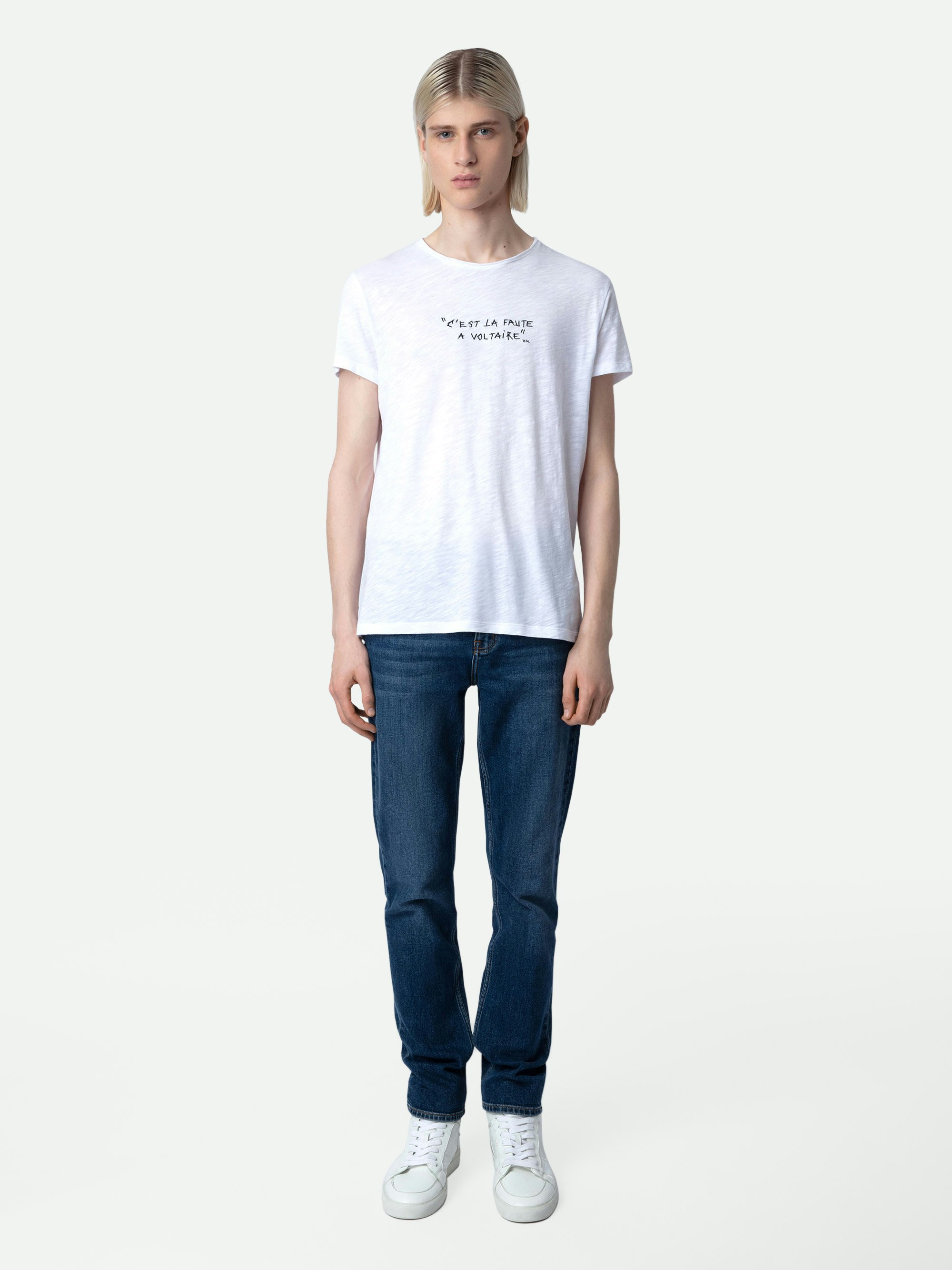 T-Shirt Toby Flamme - T-shirt da uomo in cotone fiammato bianco con scritta "C'est la faute à Voltaire".