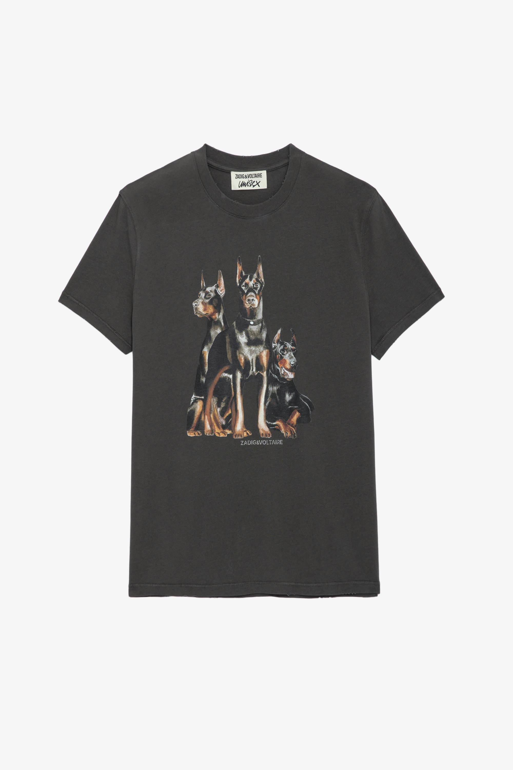 Jimmy T-shirt - Brown cotton short-sleeved T-shirt with Doberman and Concert prints.