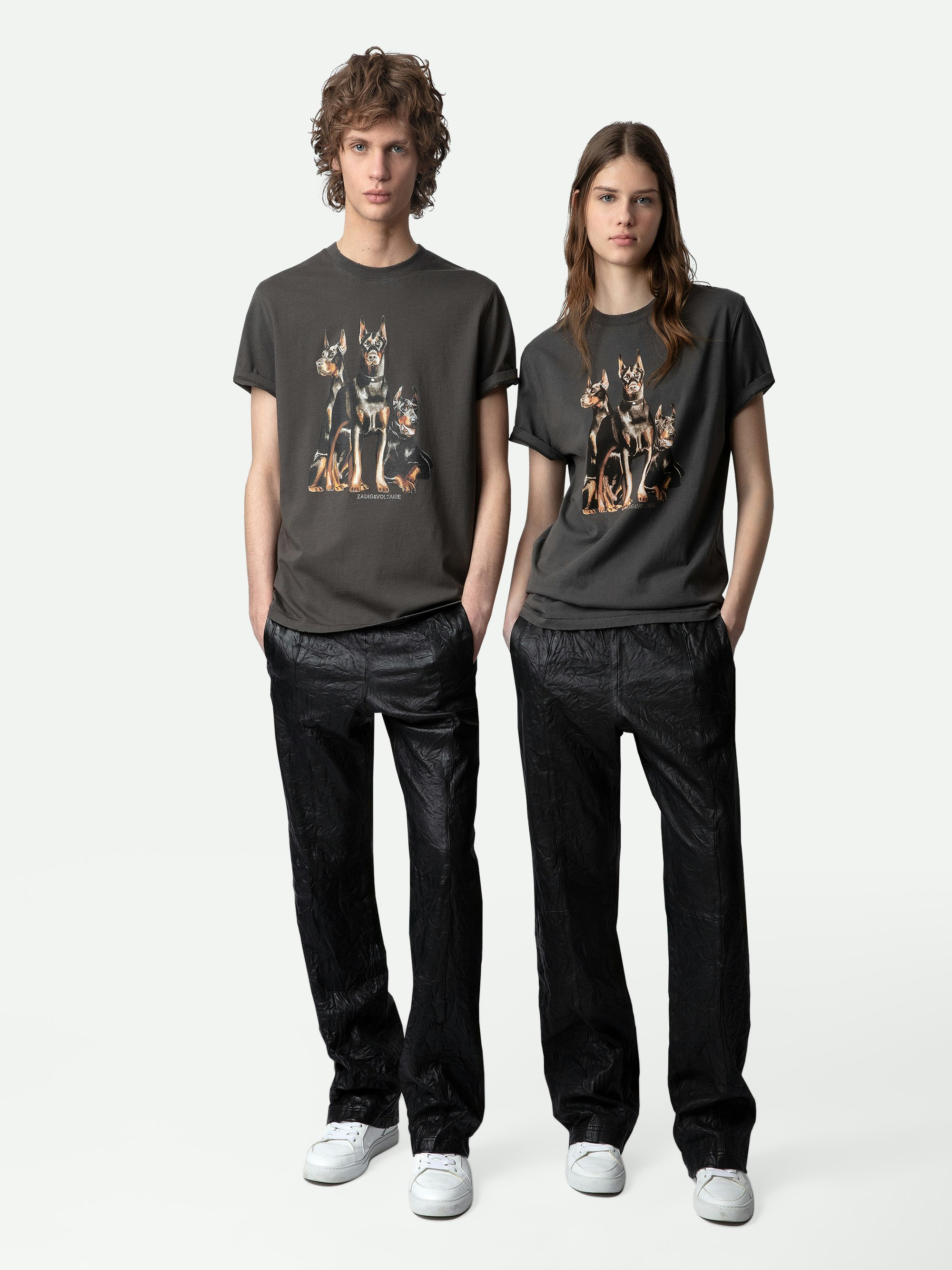 T-Shirt Jimmy - Braunes Kurzarm-T-Shirt aus Baumwolle mit Dobermann- und Concert-Prints.