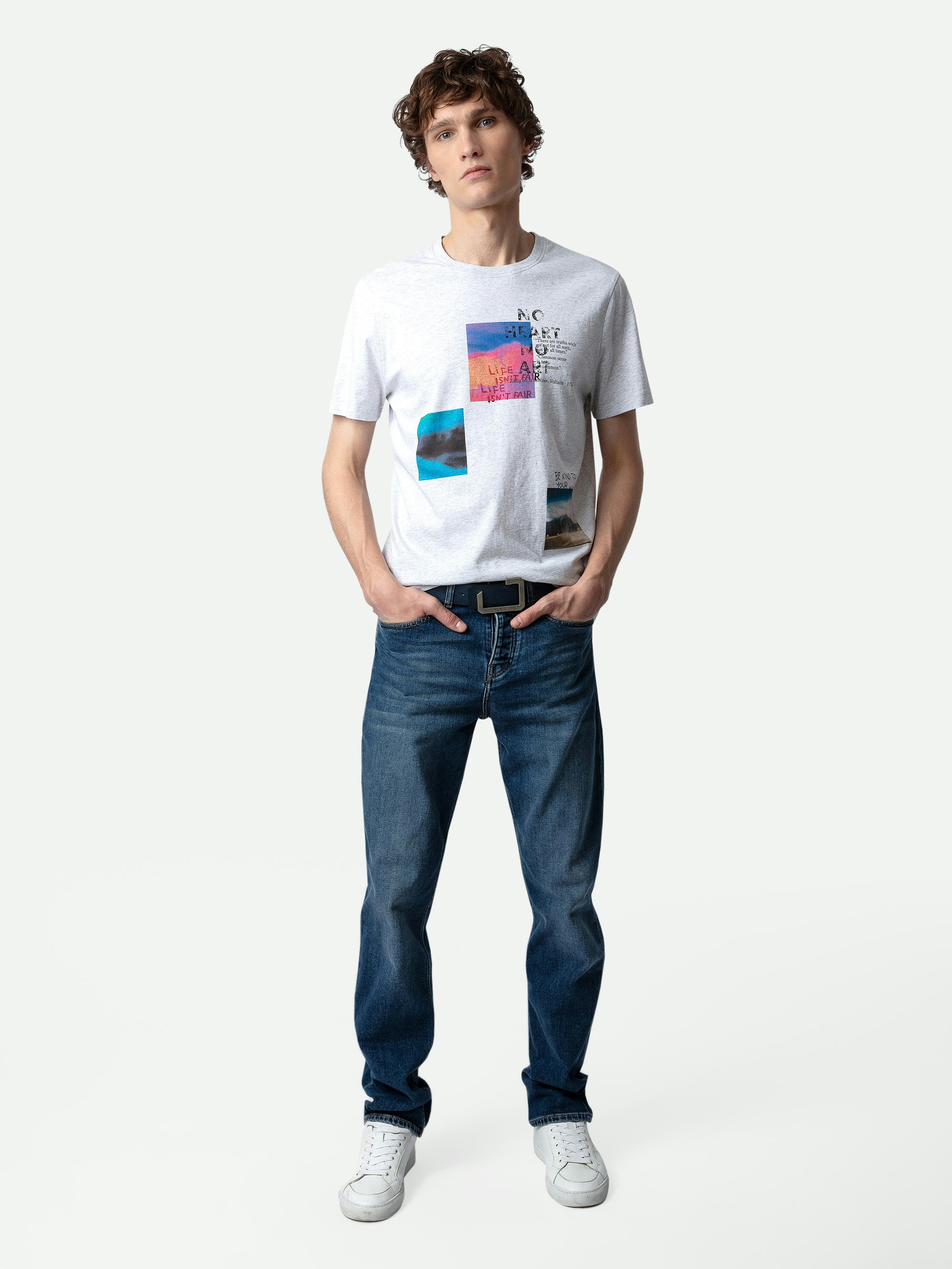 Camiseta con Estampado Fotográfico Ted - Camiseta de algodón de color gris jaspeado claro con cuello redondo, con estampado fotográfico Multiposter.