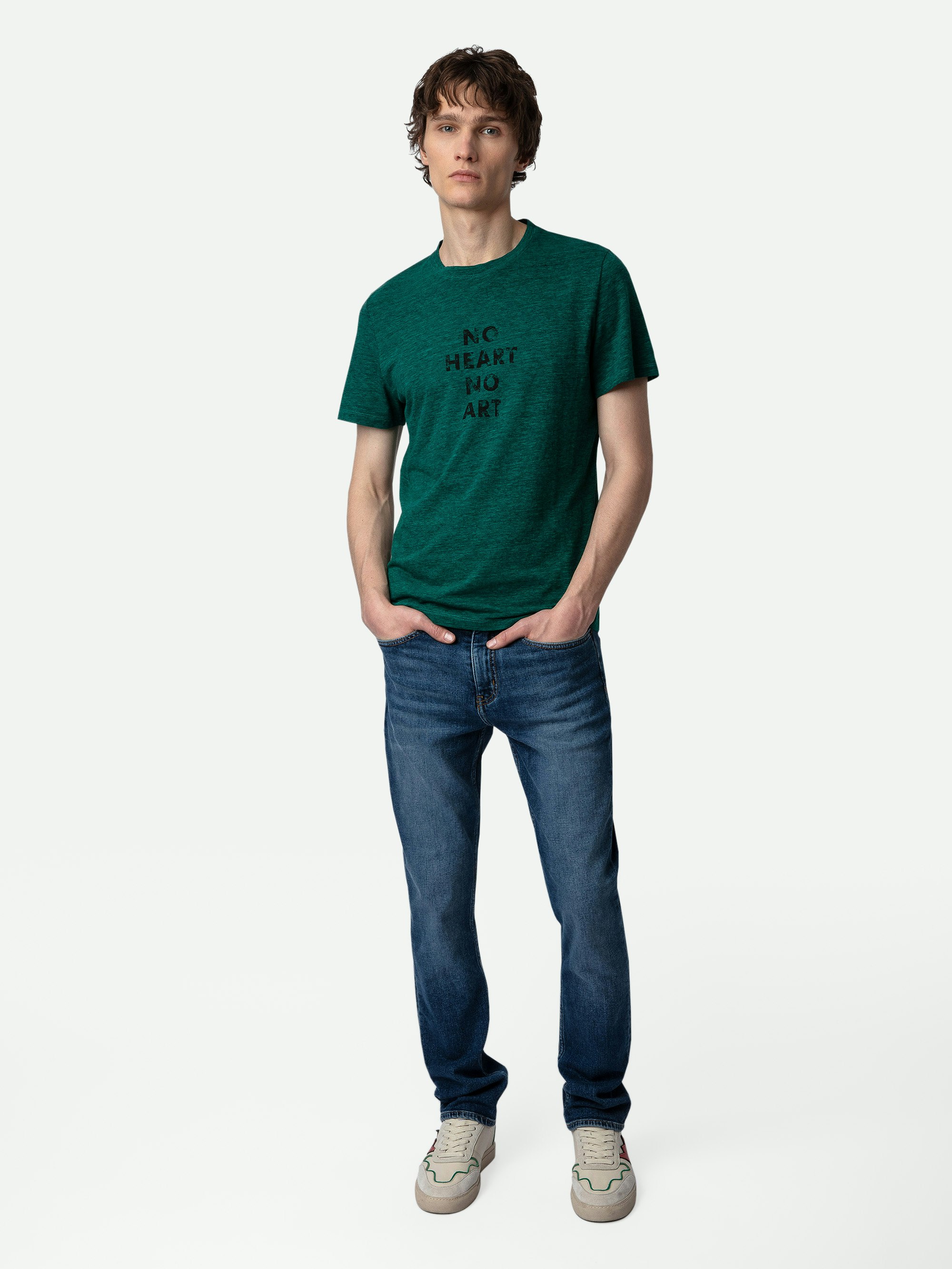 T-Shirt Tommy - Grünblaues Kurzarm-T-Shirt mit Rundhalsausschnitt und „No Heart No Art“-Print.