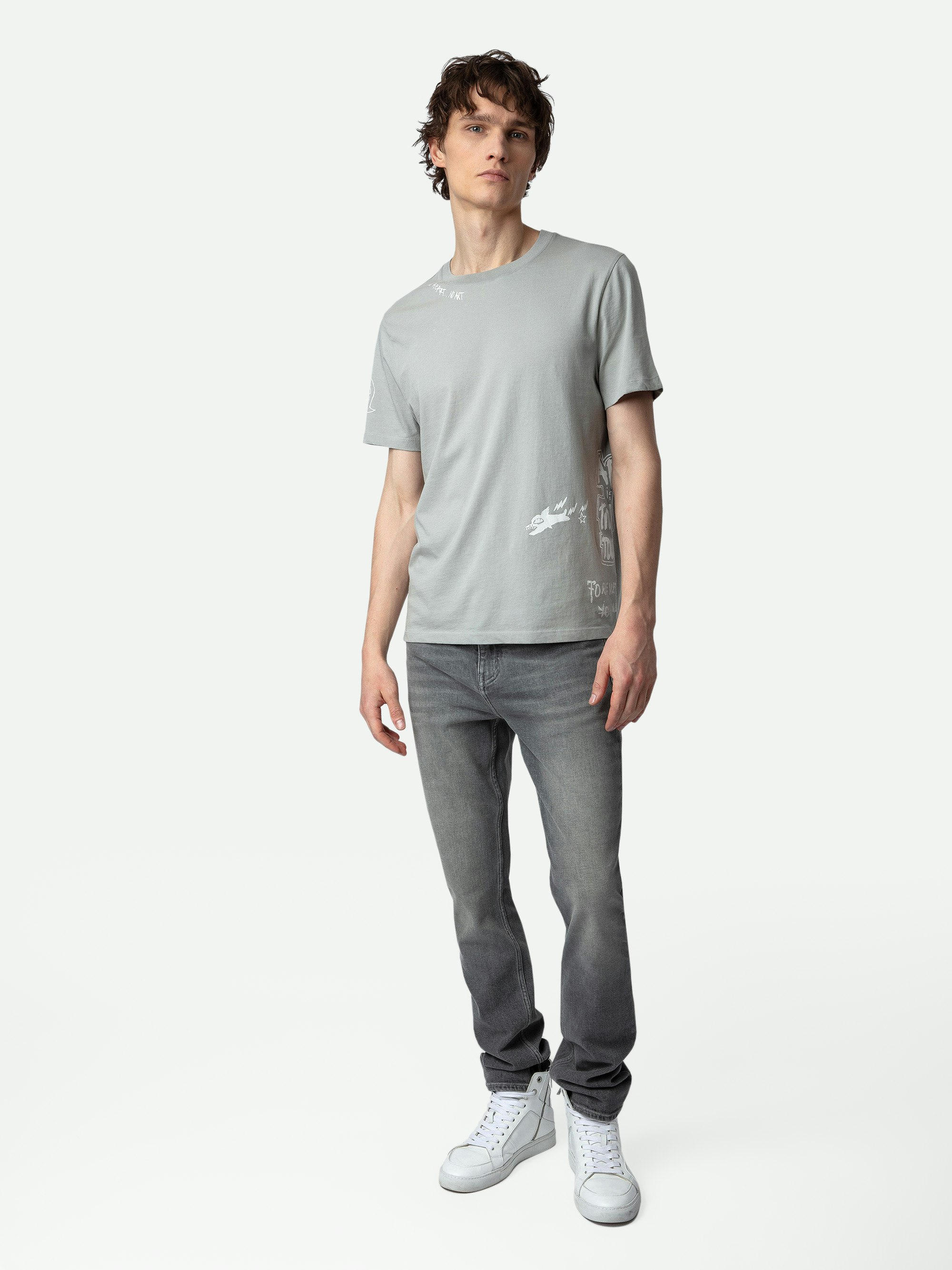 T-shirt Ted Tag - T-shirt en coton biologique gris orné de customisations créées par Humberto Cruz.