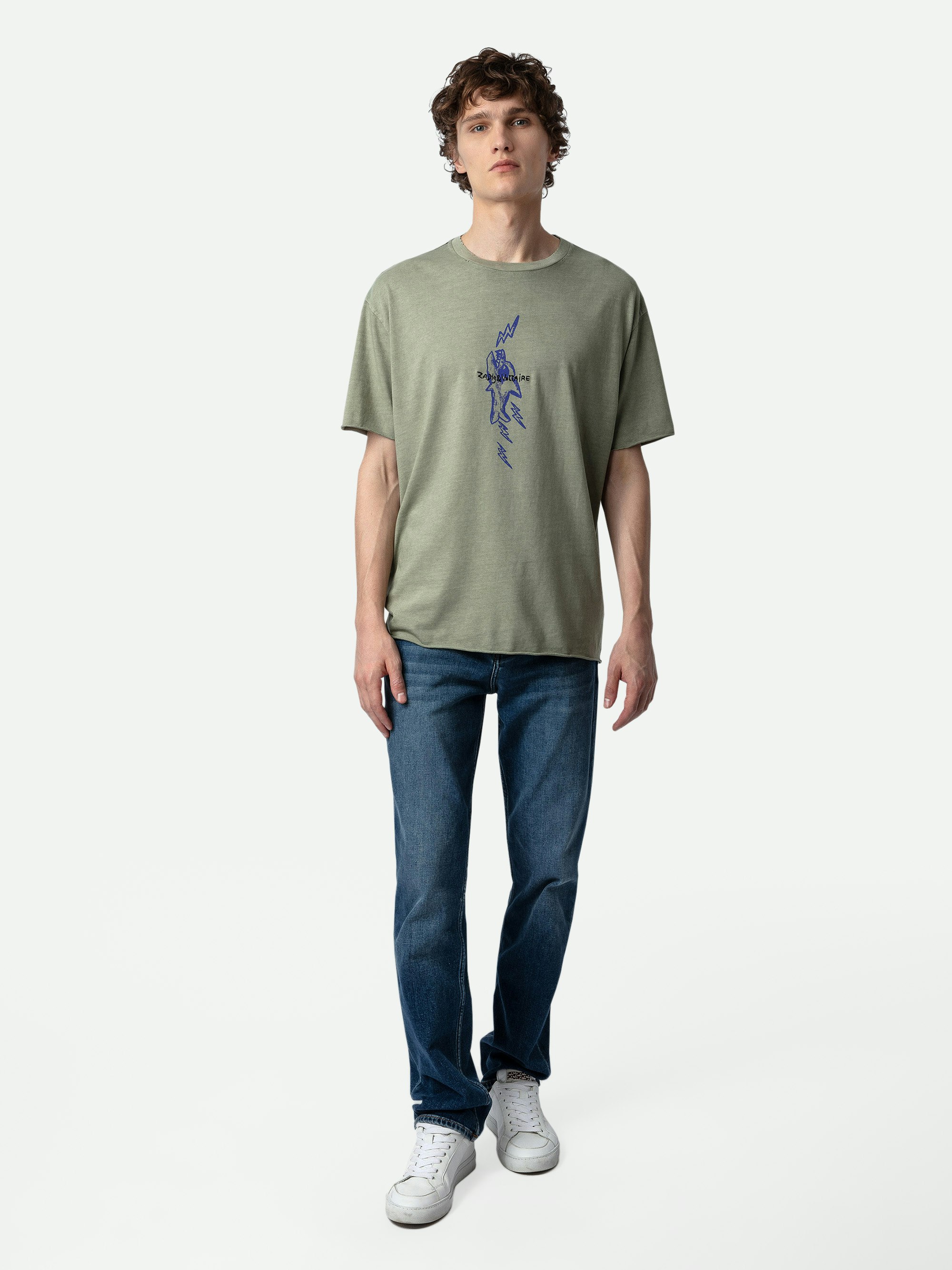 T-Shirt Thilo - Graues Kurzarm-T-Shirt aus Baumwolle in Destroy-Optik mit Shark-Print.