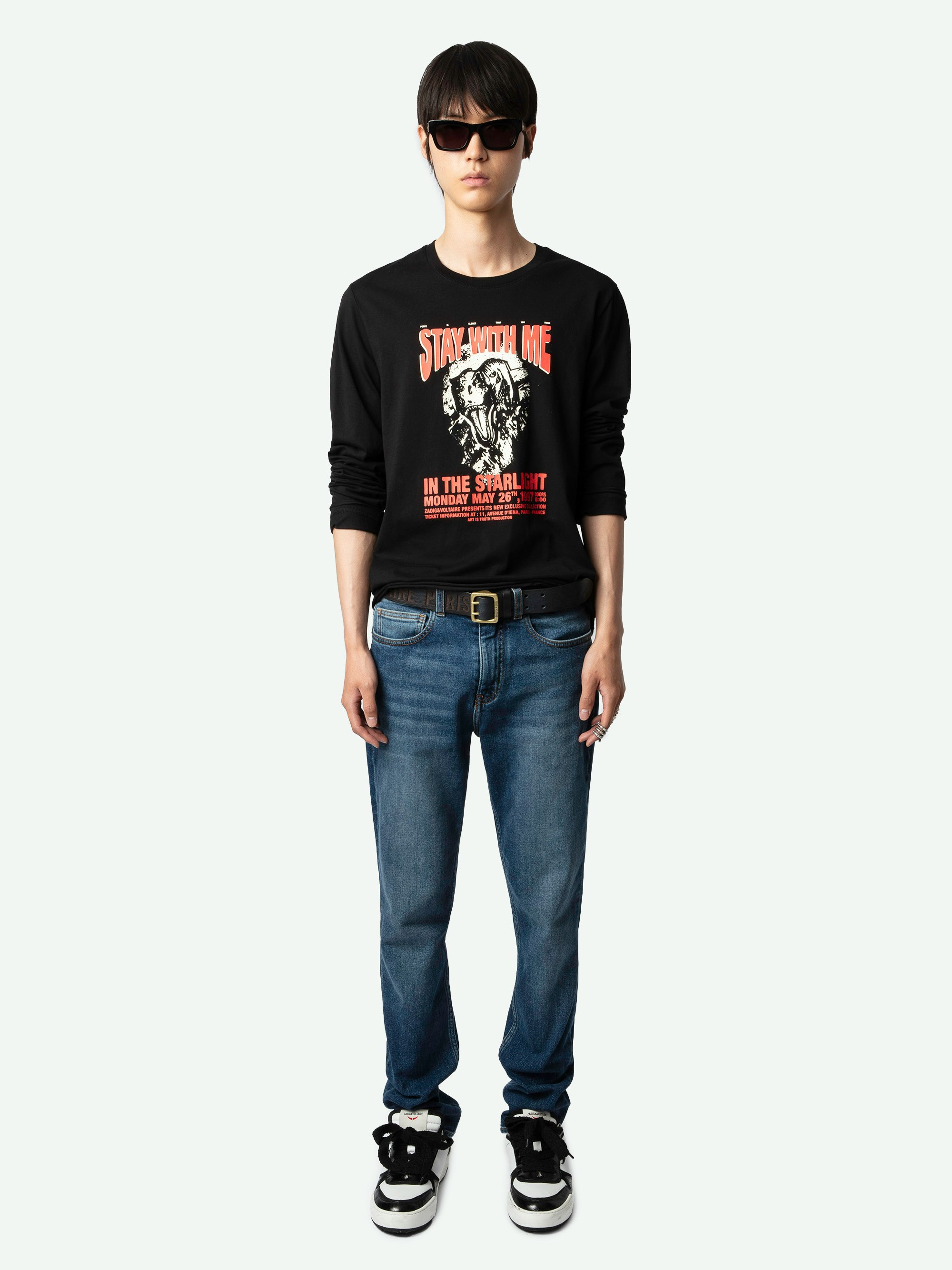 Camiseta Hector - Camiseta negra de algodón ecológico, de manga larga, con estampado Dinosaure en la parte delantera y estampado Concierto en la espalda.