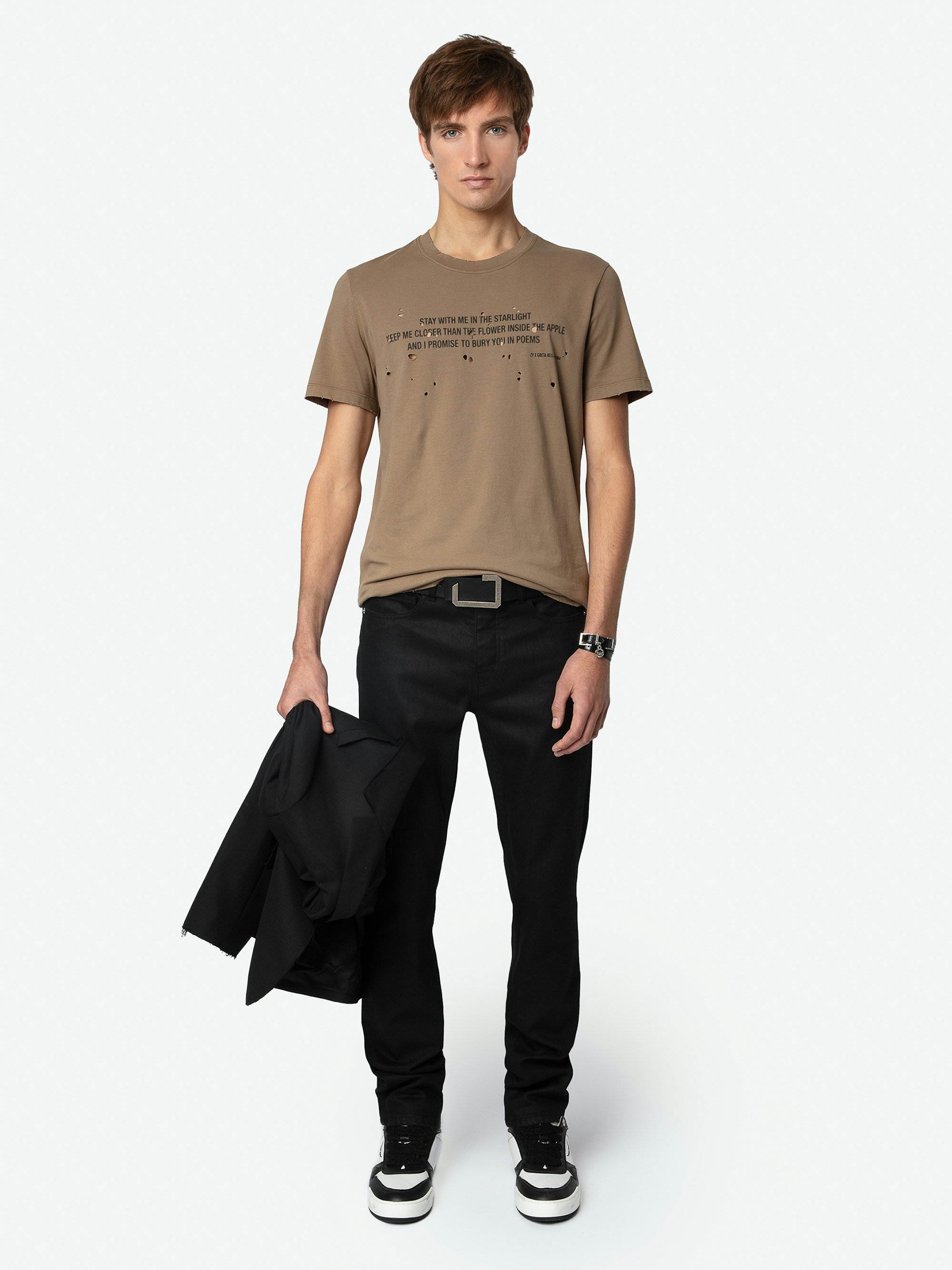 Tommy T-shirt - Brown organic cotton distressed effect T-shirt with short sleeves and Greta poem printed on the front.