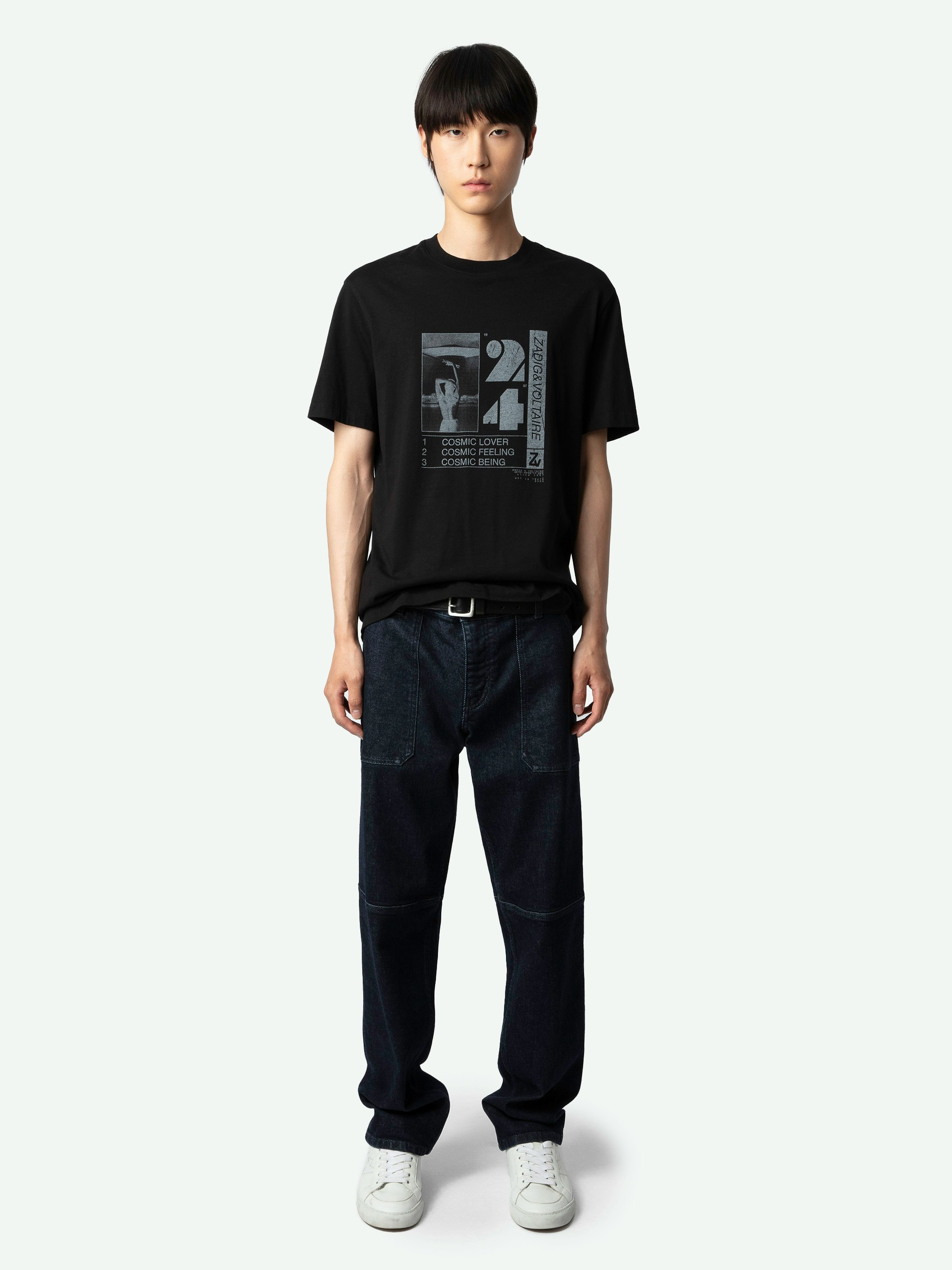 T-shirt Ted Photoprint - T-shirt en coton biologique noir à manches courtes et imprimé photoprint Cosmic à l'avant.