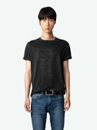 Jimmy T-shirt - Short-sleeved dark grey organic cotton T-shirt with worn edges and Dinosaur print on front and message on back.