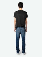 Jimmy T-shirt - Short-sleeved dark grey organic cotton T-shirt with worn edges and Dinosaur print on front and message on back.