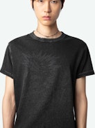 Jimmy T-shirt - Short-sleeved dark grey organic cotton T-shirt with worn edges and Dinosaur print on front and message on back.